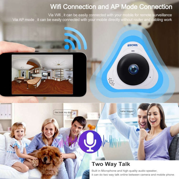 ESCAM Q8 960P 360 Degrees Fisheye Lens 1.3MP WiFi IP Camera, Support Motion Detection / Night Vis...