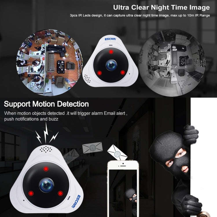 ESCAM Q8 960P 360 Degrees Fisheye Lens 1.3MP WiFi IP Camera, Support Motion Detection / Night Vis...