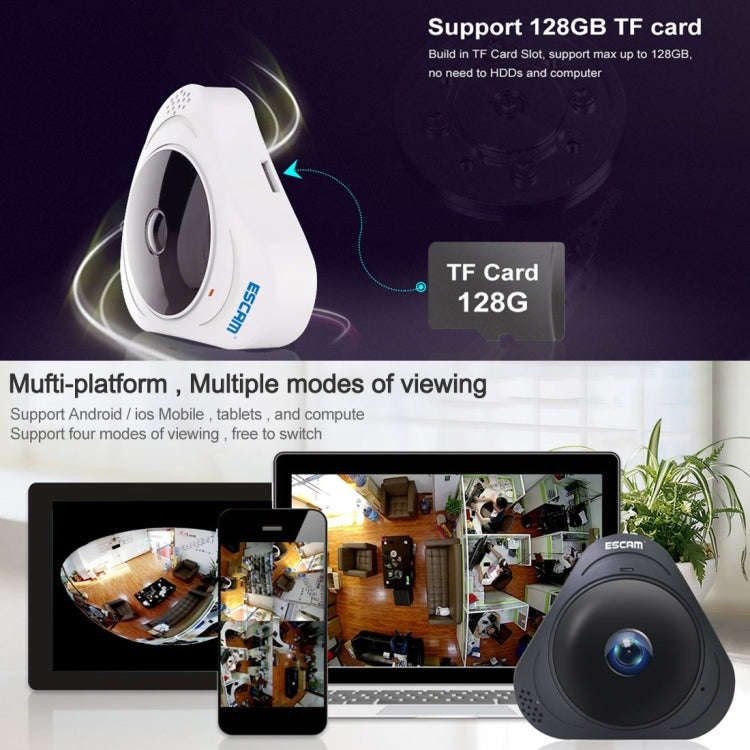 ESCAM Q8 960P 360 Degrees Fisheye Lens 1.3MP WiFi IP Camera, Support Motion Detection / Night Vis...