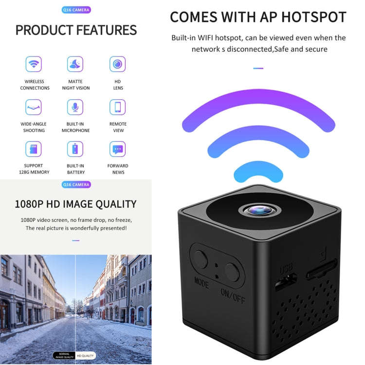 Q16 Mini WiFi Wireless Network Action Camera Wide-angle Recorder with Night Vision and Motion Det...