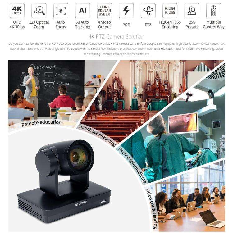 FEELWORLD UHD4K12X 4K PTZ Camera 12X Optical Zoom, Auto Focus SDI HDMI USB IP Remote Control (EU ...