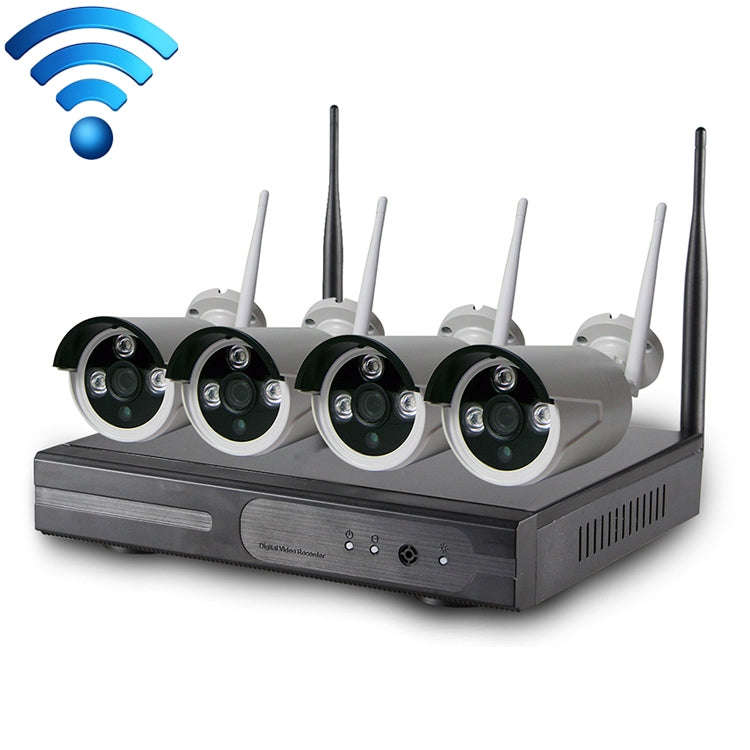 4CH HD 720P 1.0 Mega Pixel 2.4GHz WiFi IP Bullet Camera + NVR Kit