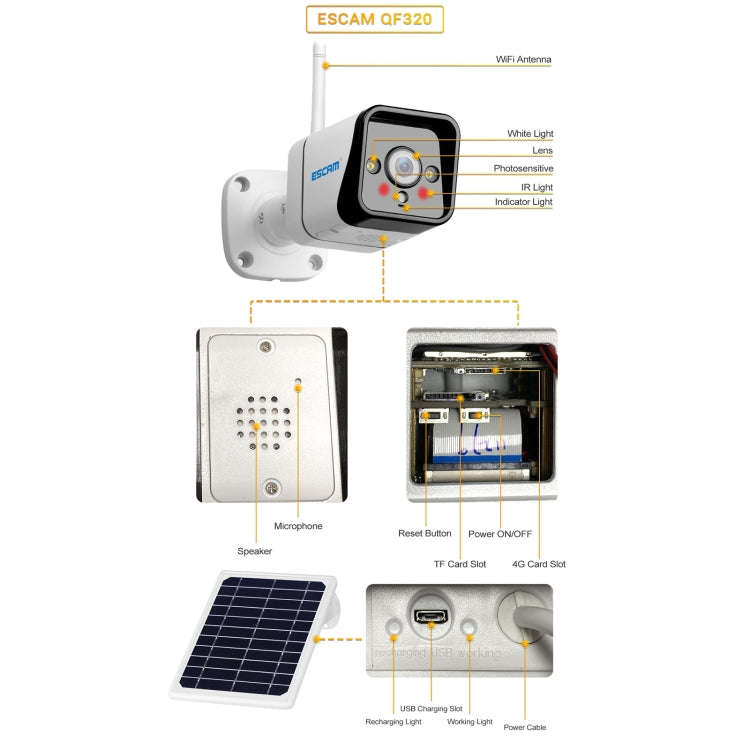 ESCAM QF320 HD 1080P 4G Solar Panel IP Camera, Support Night Vision & TF Card & PIR Motion Detect...