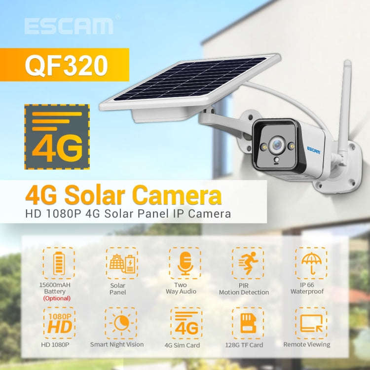 ESCAM QF320 HD 1080P 4G Solar Panel IP Camera, Support Night Vision & TF Card & PIR Motion Detect...