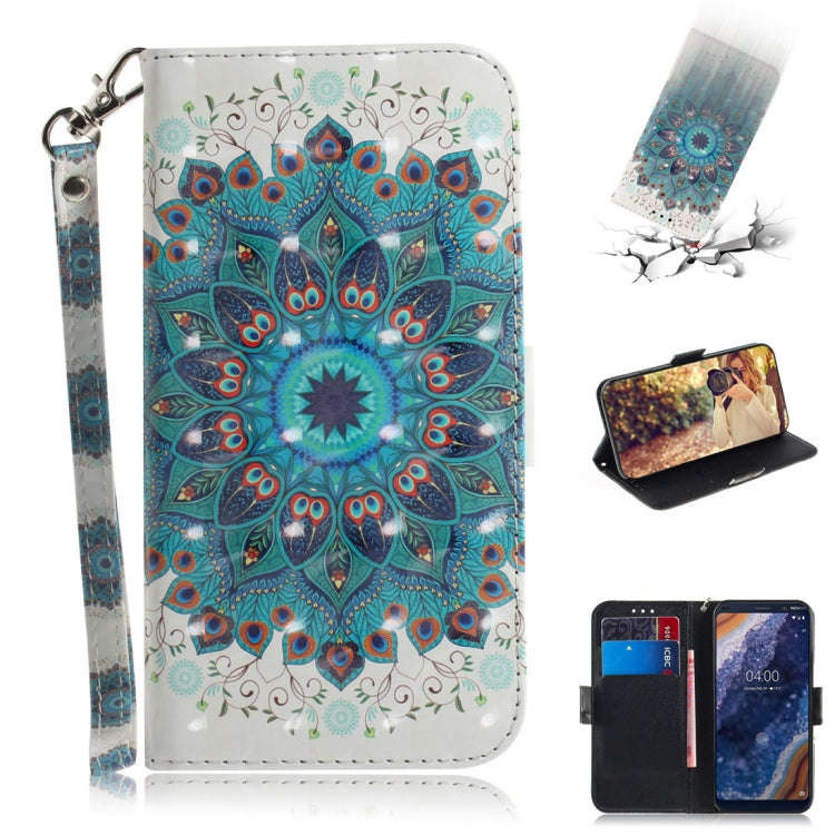 3D Colored Drawing Peacock Wreath Pattern Horizontal Flip Leather Case for Nokia 9, with Holder &...