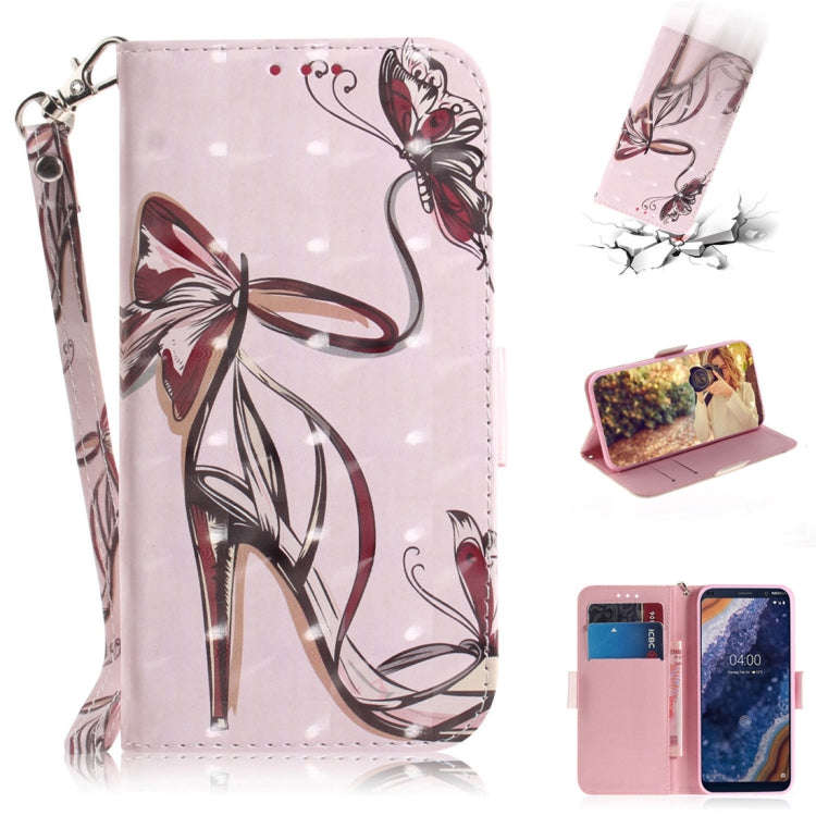3D Colored Drawing Butterfly High-heeled Shoes Pattern Horizontal Flip Leather Case for Nokia 9, ...