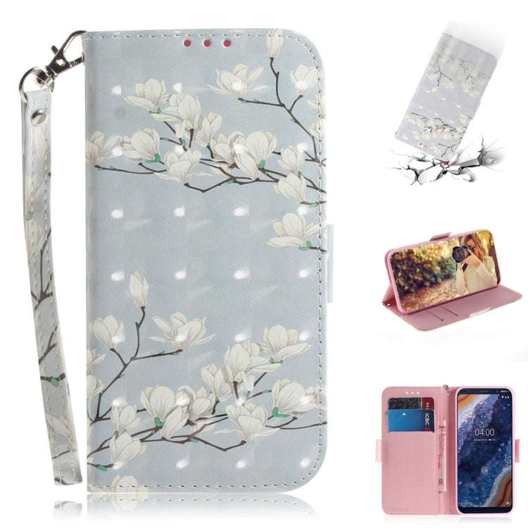 3D Colored Drawing Magnolia Pattern Horizontal Flip Leather Case for Nokia 9, with Holder & Card ...