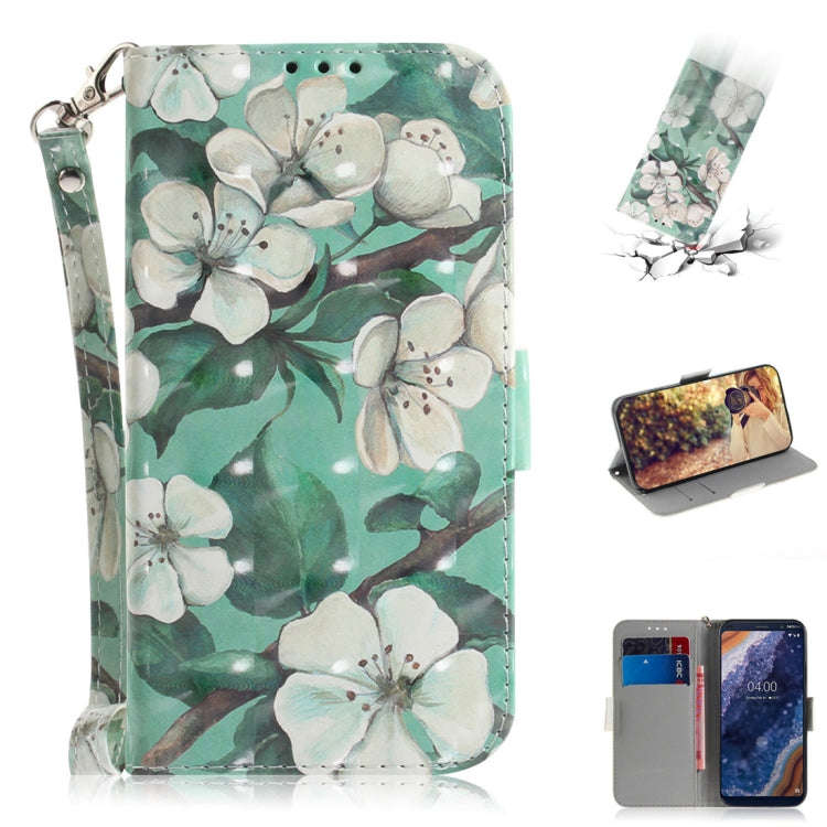 3D Colored Drawing Watercolor Flower Pattern Horizontal Flip Leather Case for Nokia 9, with Holde...