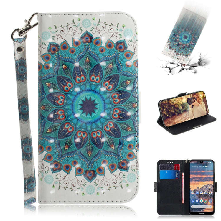3D Colored Drawing Peacock Wreath Pattern Horizontal Flip Leather Case for Nokia 4.2, with Holder...