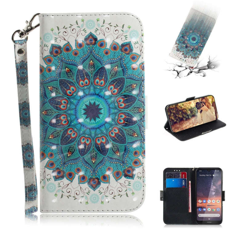 3D Colored Drawing Peacock Wreath Pattern Horizontal Flip Leather Case for Nokia 3.2, with Holder...
