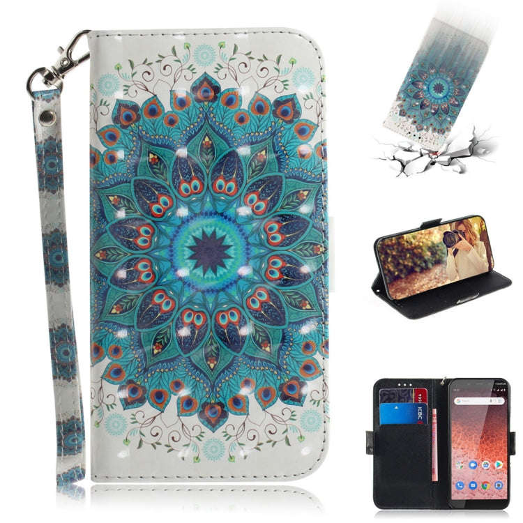 3D Colored Drawing Peacock Wreath Pattern Horizontal Flip Leather Case for Nokia 1 Plus, with Hol...