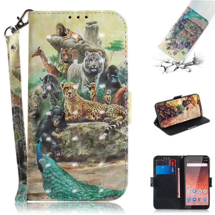 3D Colored Drawing Animals Pattern Horizontal Flip Leather Case for Nokia 1 Plus, with Holder & C...