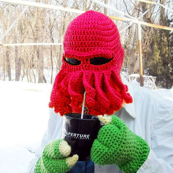 Amurleopard Unisex Barbarian Knit Beanie Octopus Tentacle Cap Winter Warm Face Mask Crochet Hat(Red)