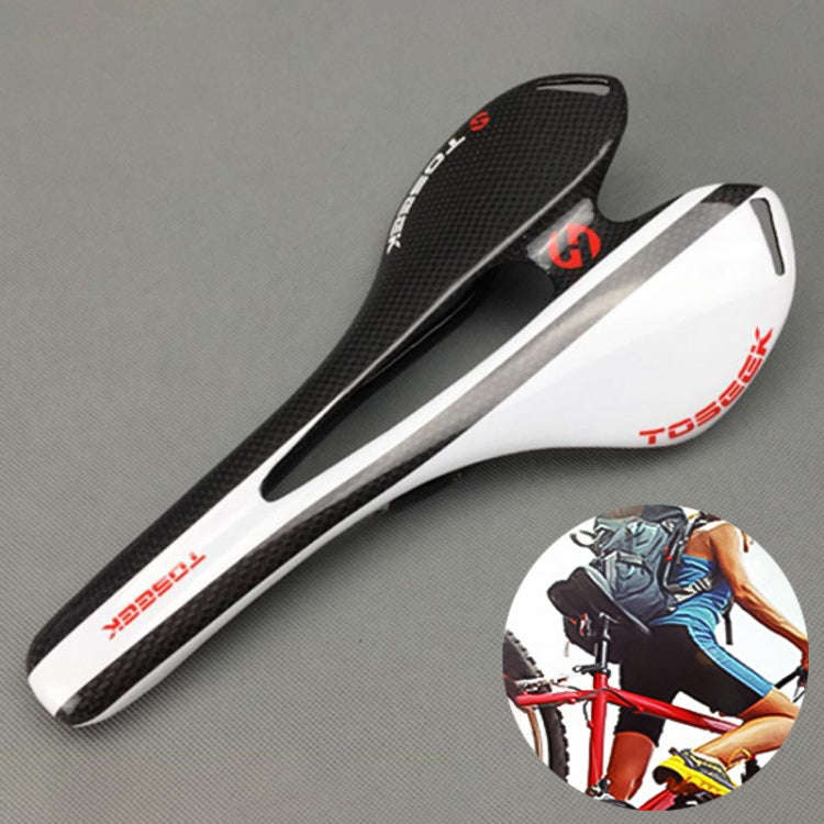 TOSEEK Road Bike Carbon Fiber Seat Bicycle Hollow Seat Saddle, 3K Texture + Light (White)