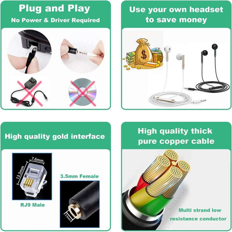 3.5mm Jack to RJ9 PC / Mobile Phones Headset to Office Phone Adapter Convertor Cable, Length: 32c...