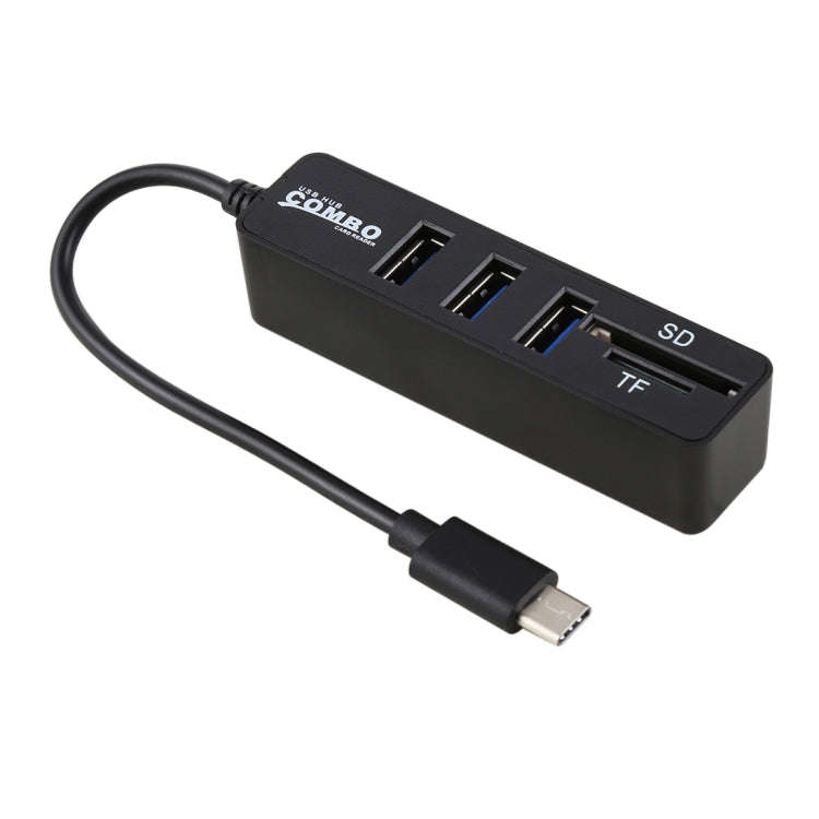 2 in 1 TF & SD Card Reader + 3 x USB Ports to USB-C / Type-C HUB Converter, Total Length: 24cm(Bl...