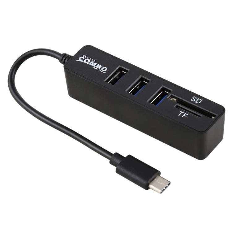 2 in 1 TF & SD Card Reader + 3 x USB Ports to USB-C / Type-C HUB Converter, Total Length: 24cm(Bl...