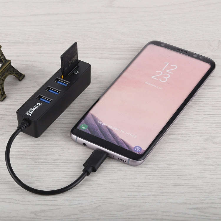 2 in 1 TF & SD Card Reader + 3 x USB Ports to USB-C / Type-C HUB Converter, Total Length: 24cm(Bl...