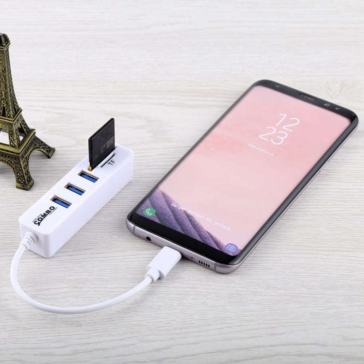 2 in 1 TF & SD Card Reader + 3 x USB Ports to USB-C / Type-C HUB Converter, Total Length: 24cm(Wh...