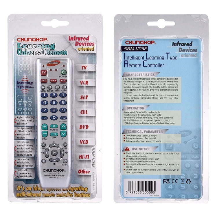 CHUNGHOP SRM-403E Universal Intelligent Learning-Type Remote Control for TV VCR SAT CBL HIFI DVD ...