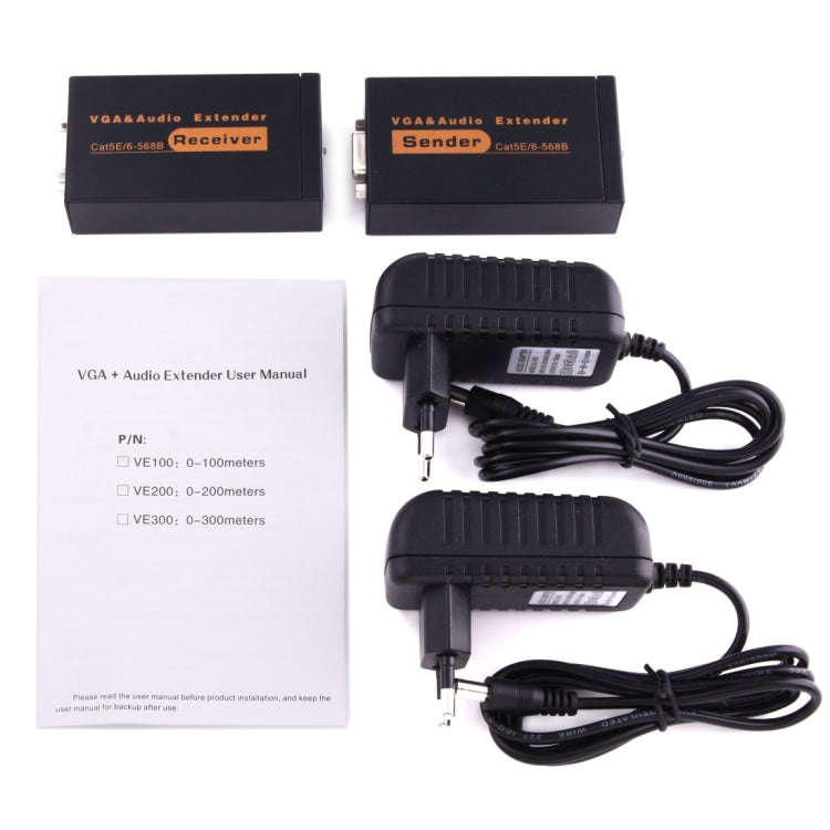 VGA & Audio Extender 1920x1440 HD 100m Cat5e / 6-568B Network Cable Sender Receiver Adapter, US Plug