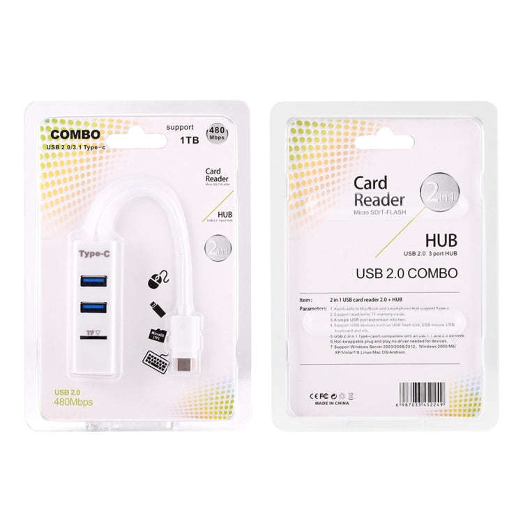2 in 1 USB-C / Type-C 3.1 to USB 2.0 COMBO 3 Ports HUB + TF Card Reader(White)
