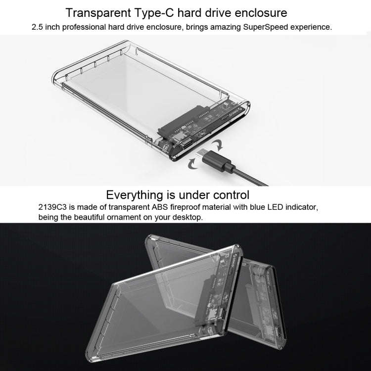 ORICO 2139C3-CR USB3.1 Type C Transparent External Hard Disk Box Storage Case for 9.5mm 2.5 inch ...