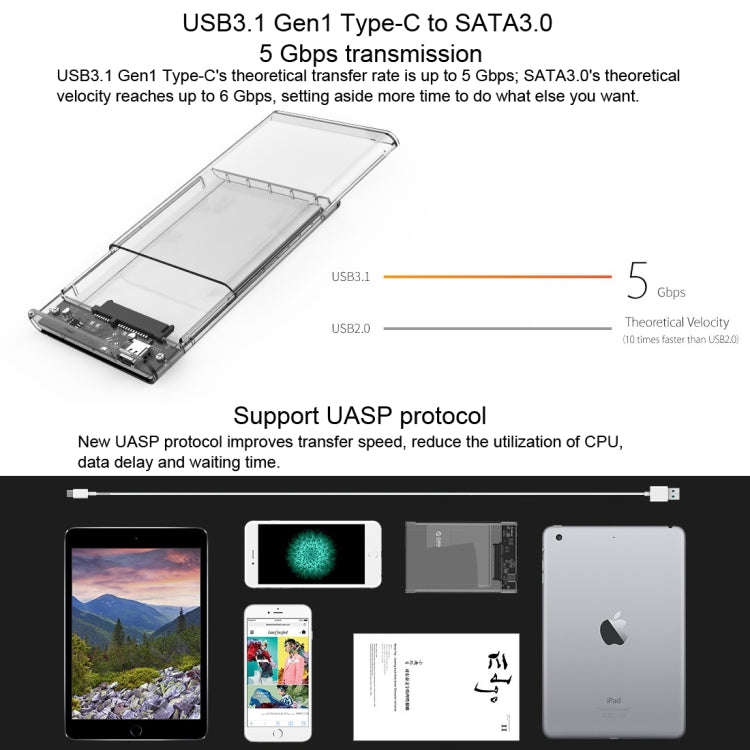 ORICO 2139C3-CR USB3.1 Type C Transparent External Hard Disk Box Storage Case for 9.5mm 2.5 inch ...