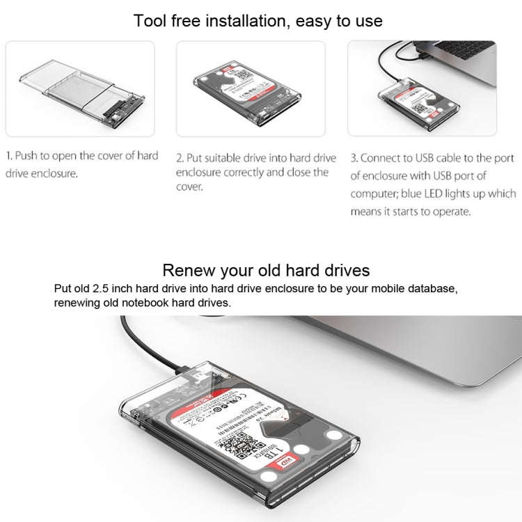 ORICO 2139C3-CR USB3.1 Type C Transparent External Hard Disk Box Storage Case for 9.5mm 2.5 inch ...