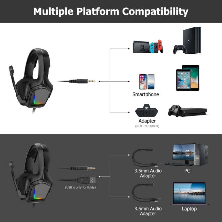 K20i Stereo Gaming Headset with Microphone RGB Light for XBox One / Laptop Tablet (Black)