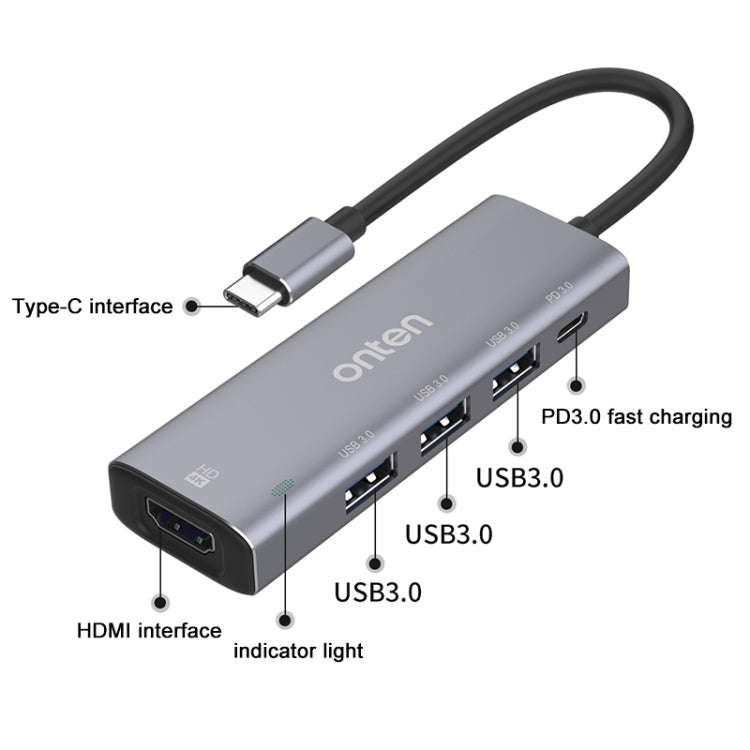 Onten OT-95123 5 in 1 Multifunctional Type-C + USB + HDMI Docking Station, Cable Length: 145mm(Si...