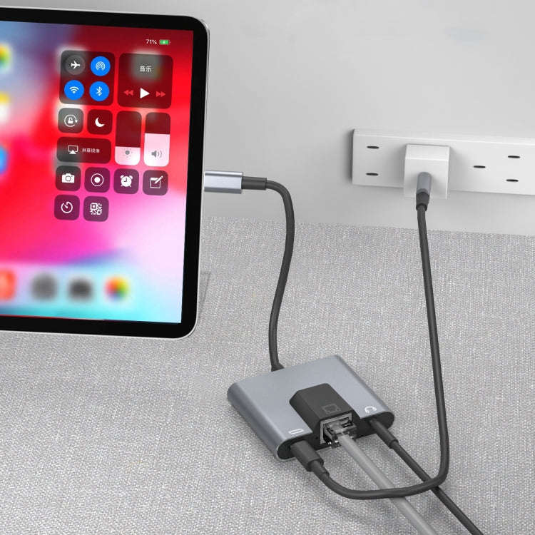 NK-1056TC 3 in 1 USB-C / Type-C Male to USB-C / Type-C Charging + Ethernet + 3.5mm Earphone Femal...