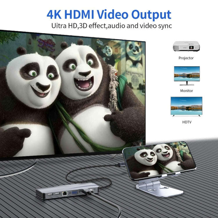 Rocketek HC452 Type-C to 100M RJ45 + HDMI+VGA 14 in 1 HUB Adapter