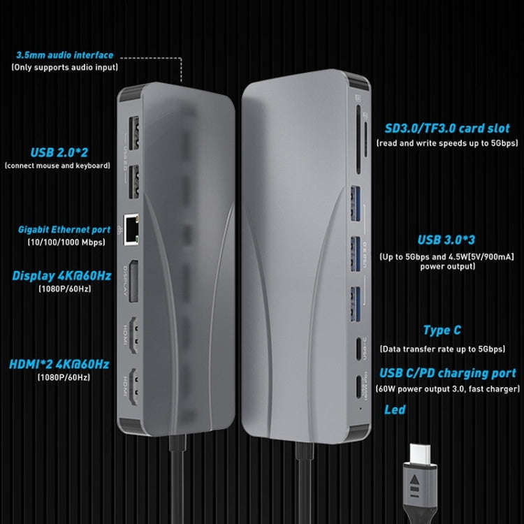 Rocketek HC451 Type-C to 60W PD + 4K HDMI + DP + 100M RJ45 14 in 1 HUB Adapter