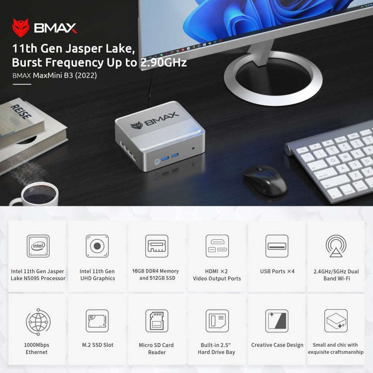 BMAX B3 Windows 11 Mini PC, 16GB+512GB, Intel Jasper Lake N5095, Support HDMI / RJ45 / TF Card, U...