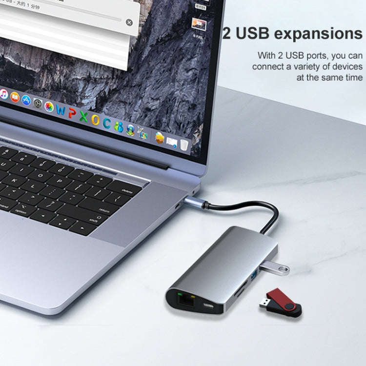 9 in 1 RJ45 + PD + SD/TF + USB 3.0 x 2 + HDMI + VGA + Audio to USB-C / Type-C HUB Adapter