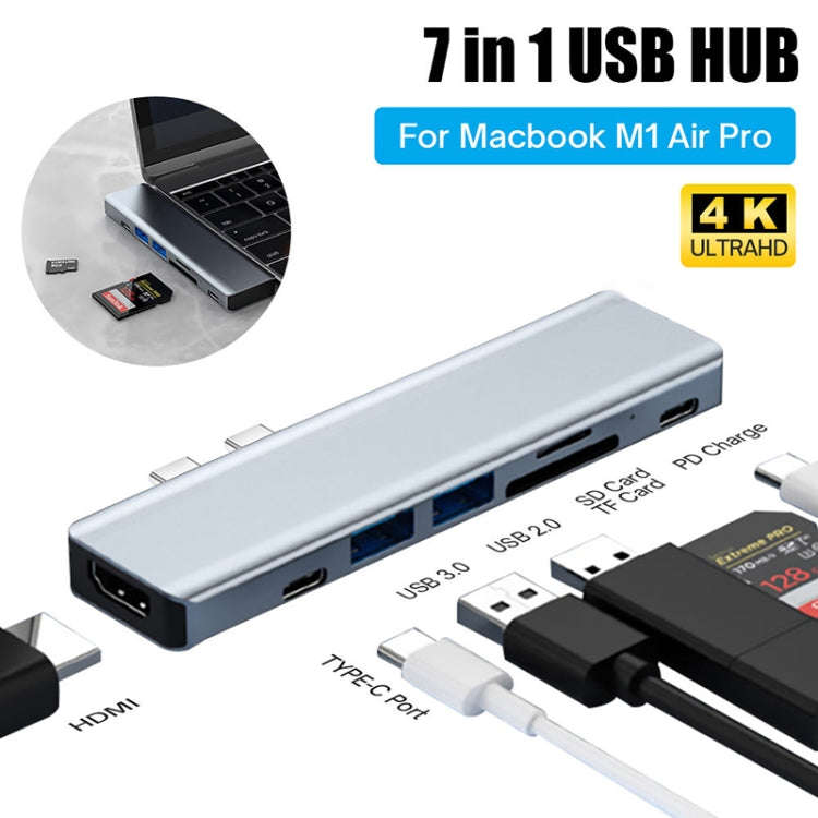 BYL-2101 7 in 1 Dual USB-C / Type-C to USB Docking Station HUB Adapter (Silver)