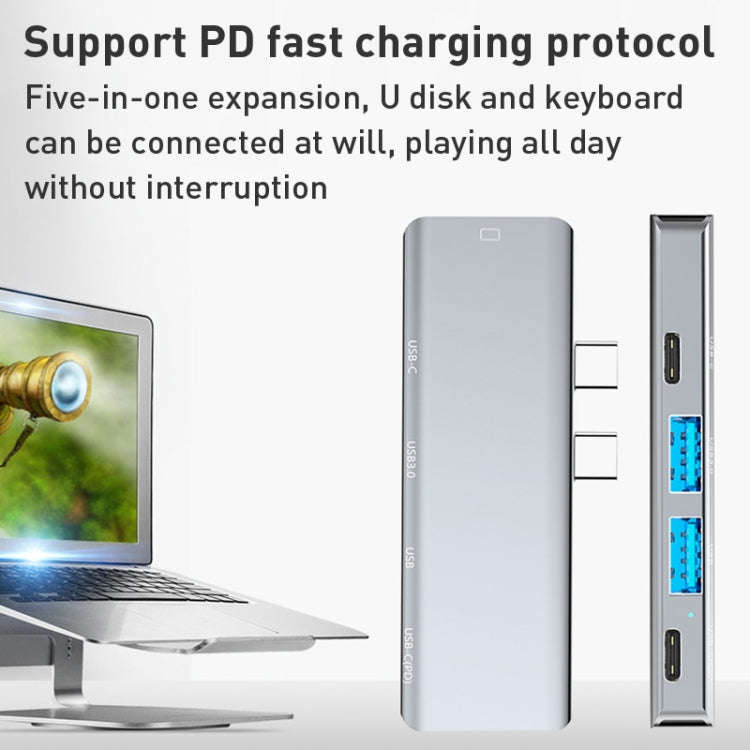 YG-2102 5 in 1 Dual USB-C / Type-C to USB Docking Station HUB Adapter (Silver)
