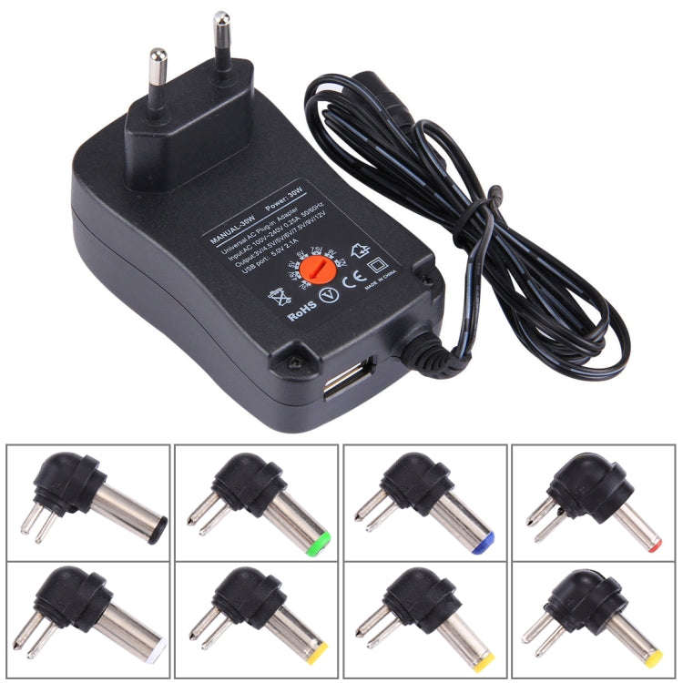 EU Plug Universal 30W Power Wall Plug-in Adapter with 5V 2.1A USB Port, Tips: 6 PCS, Cable Length...