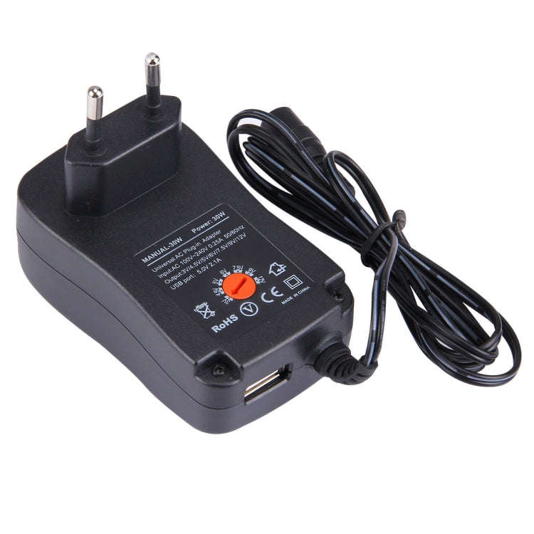 EU Plug Universal 30W Power Wall Plug-in Adapter with 5V 2.1A USB Port, Tips: 6 PCS, Cable Length...
