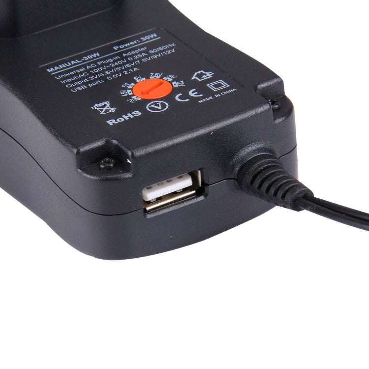 EU Plug Universal 30W Power Wall Plug-in Adapter with 5V 2.1A USB Port, Tips: 6 PCS, Cable Length...