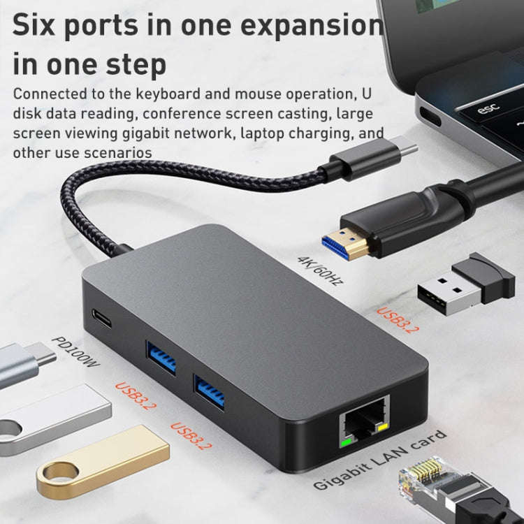 BYL-2308 6 in 1 USB-C / Type-C to USB3.2 + Gigabit Internet + HDTV HUB Adapter (Dark Gray)