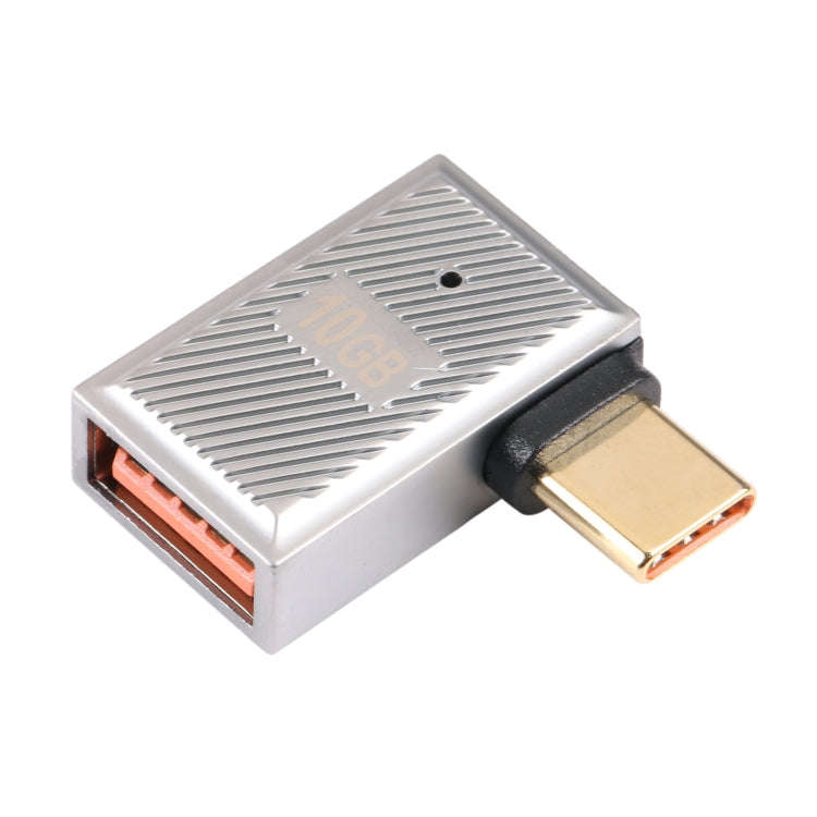 USB-C / Type-C Male to USB Female 10 Gbps 90 Degree Side Bend Charging Adapter (Silver)