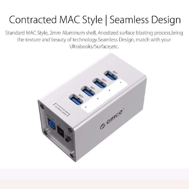 ORICO A3H4 Aluminum High Speed 4 Ports USB 3.0 HUB with 12V/2.5A Power Supply for Laptops(Silver)