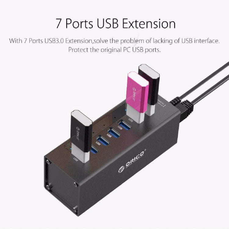 ORICO A3H7 Aluminum High Speed 7 Ports USB 3.0 HUB with 12V/2.5A Power Supply for Laptops(Black)
