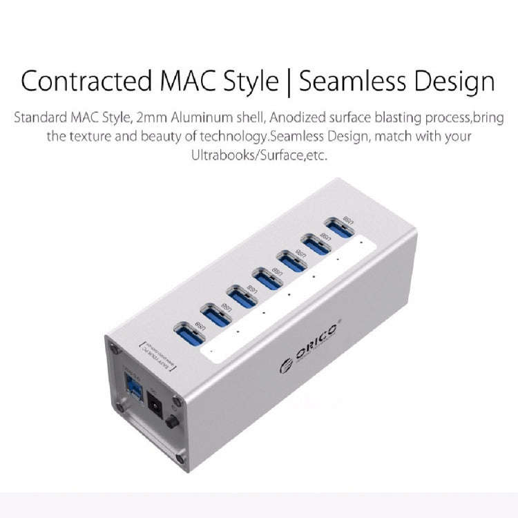 ORICO A3H7 Aluminum High Speed 7 Ports USB 3.0 HUB with 12V/2.5A Power Supply for Laptops(Silver)