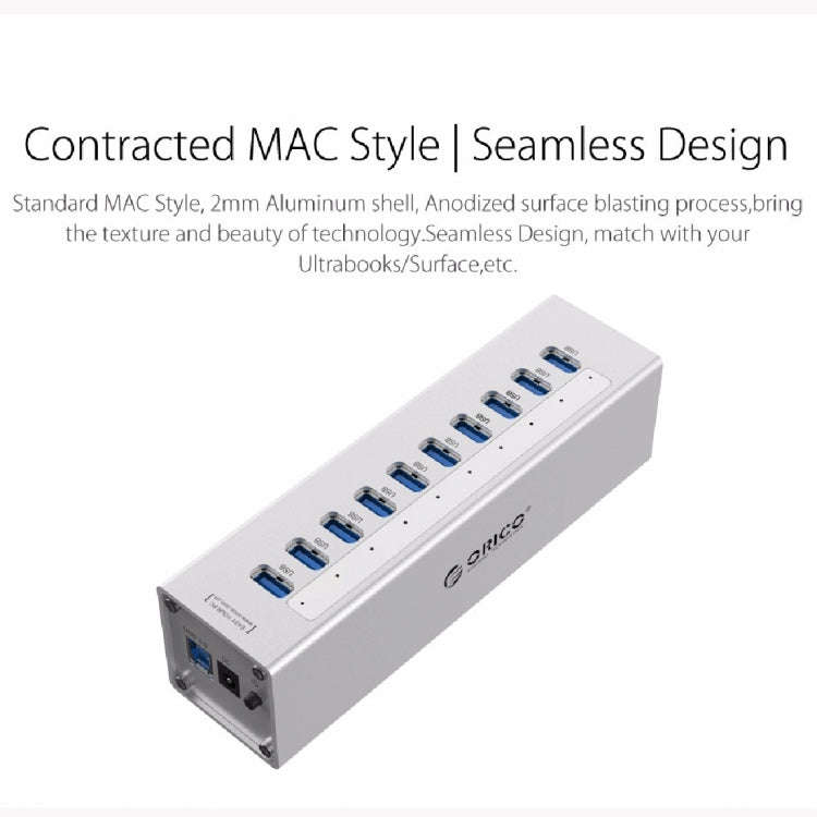 ORICO A3H10 Aluminum High Speed 10 Ports USB 3.0 HUB with Power Adapter for Laptops(Black)