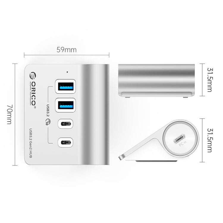 ORICO M3CU2 Aluminum Alloy 4-Port Type-C And USB 3.2 Gen2 10Gbps HUB(Silver)