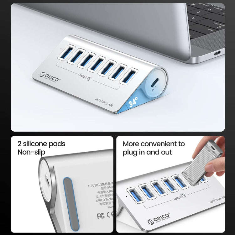 ORICO M3U7 Aluminum Alloy 7-Port USB 3.2 Gen1 5Gbps HUB with 0.5m Cable(Silver)