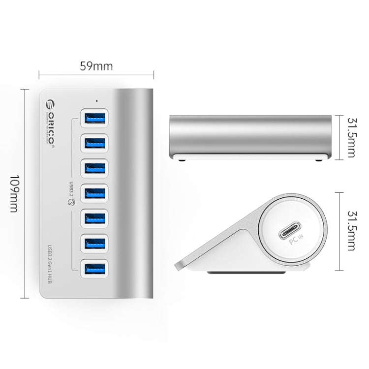 ORICO M3U7 Aluminum Alloy 7-Port USB 3.2 Gen1 5Gbps HUB with 0.5m Cable(Silver)